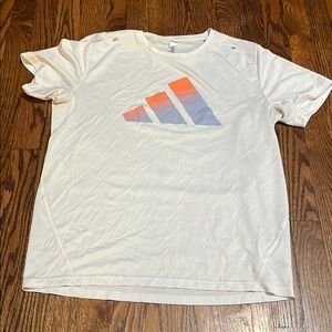 Adidas White Tee with Orange and Purple Logo